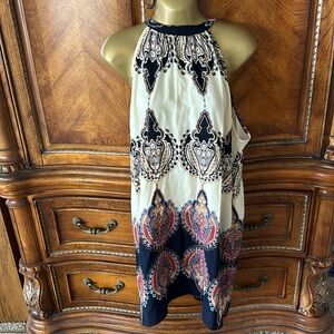 Sleeveless Ivory Paisley Midi Dress with Navy and Coral Accents